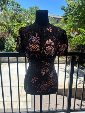 Free People Black Knit Short Sleeve Top with Pink Floral & Pineapple Design